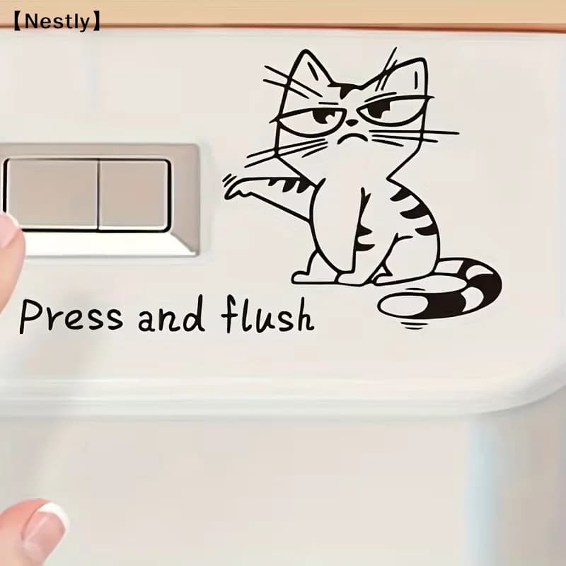 1/3 pezzi Adesivo da bagno a forma di gatto dei cartoni animati con scritta "Press And Flush", decorazione per bagno, adesivo da parete in PVC autoadesivo per WC e vasche da bagno〔Nest〕