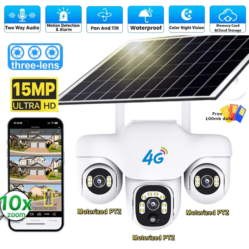 V380 Pro 15MP Triple PTZ lens Control 4G External Solar Camera Three PIR Screens Security Movement Detection Cam CCTV Surveillance