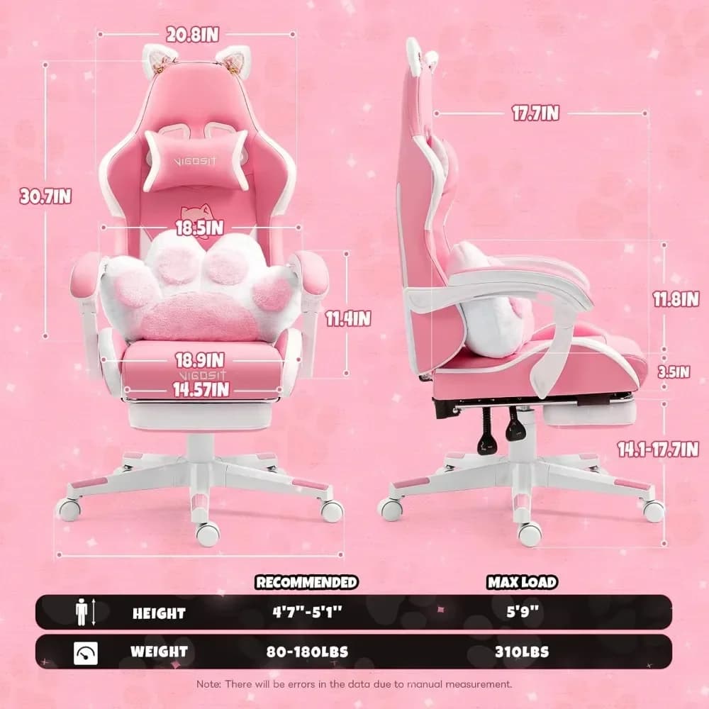 Pink Gaming Chair With Cat Paw Lumbar Cushion And Cat Ears Computer Armchair Reclining PC Game Chair