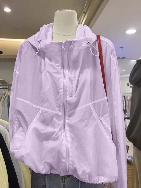 Lightweight Women's Zipper Hooded Jacket Casual Loose Fit UV Protection Fashion Commuting Polyester Fiber Thin Layer All-Matc...