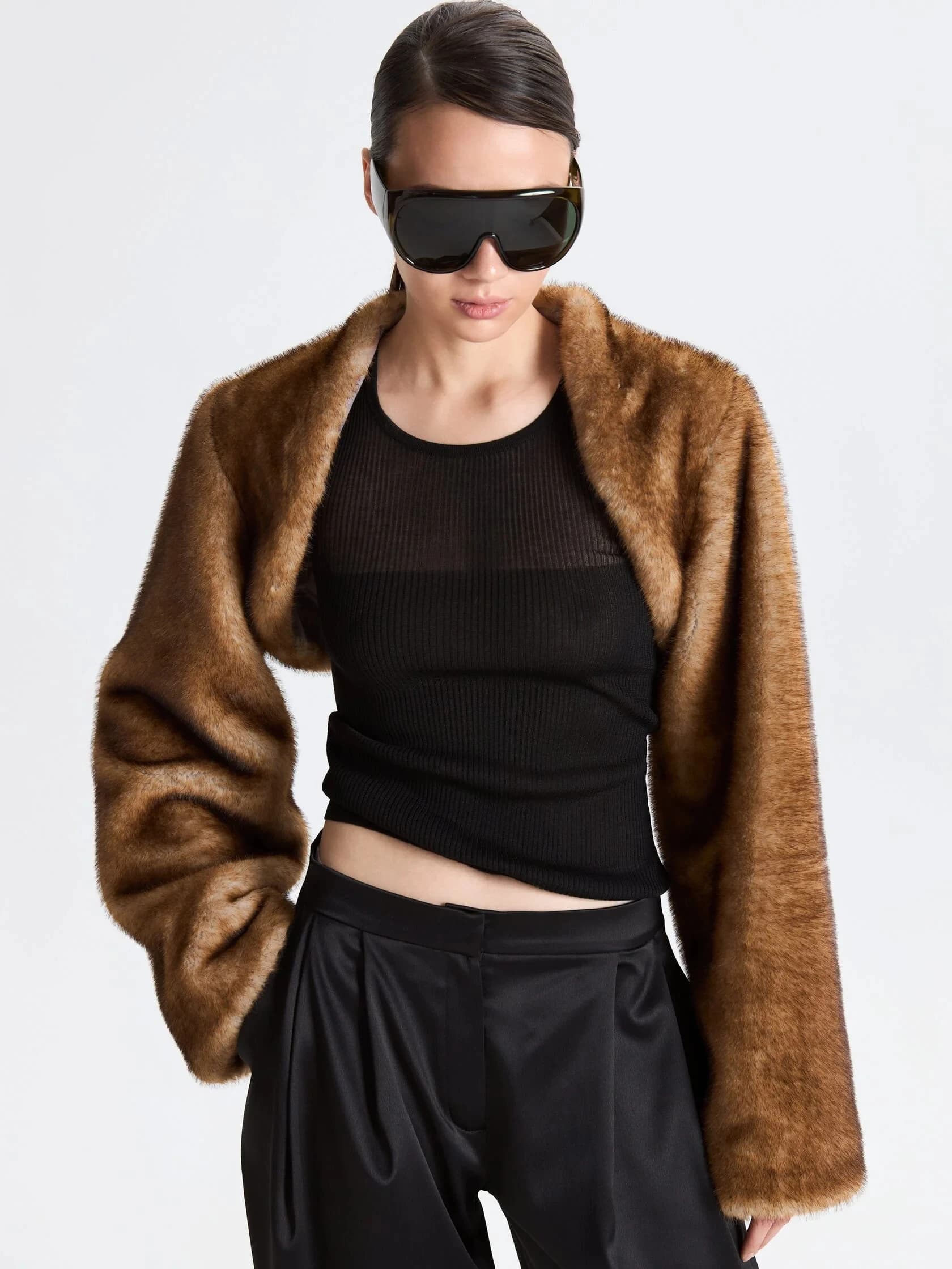 Brown Faux Mink Fur Cropped Jacket Women Open Front Short Bolero Shrug Coat