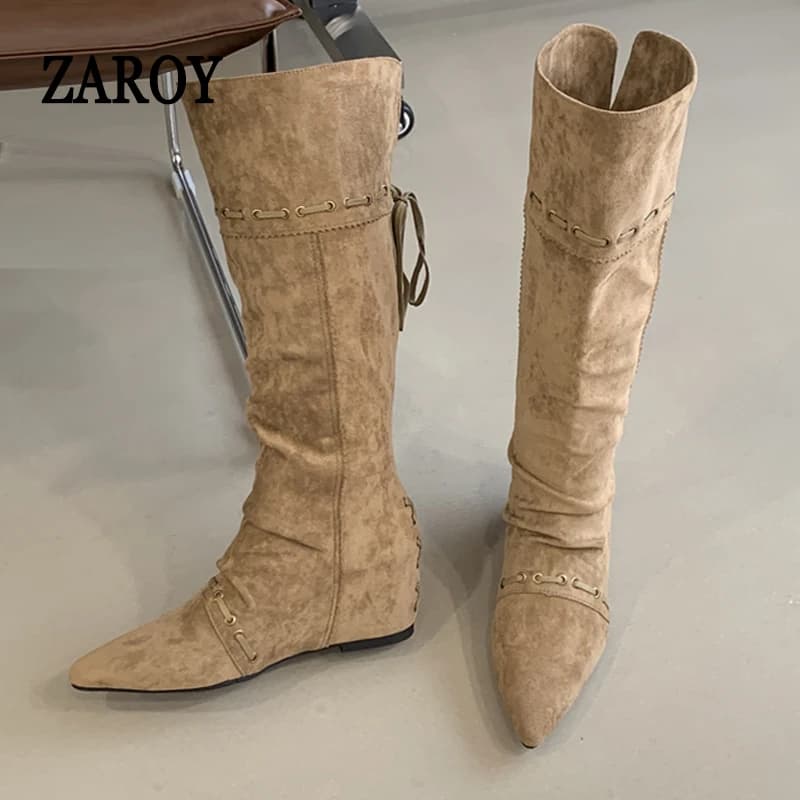 ZAROY Winter Women Boots Fashion Drawstring Lace Up Elegant Wedge Heel Pointed Toe Knee High Booties Casual Western Knight Botas