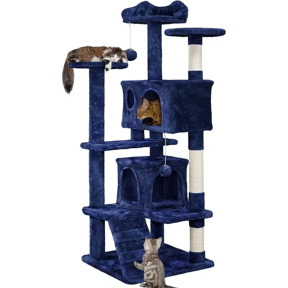 Navy Blue Multi-Level Cat Tower with Spacious Perches, 2 Cozy Caves, Scratching Posts, Climbing Ladder, Plush Balls for Indoor K
