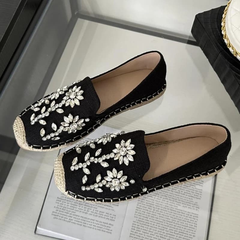 2026 Mocassini with floral decoration with rhinestones Woman Fashion Casual Hemp Breathable Apartments Espadrillas Comfortable shoes with soft sole