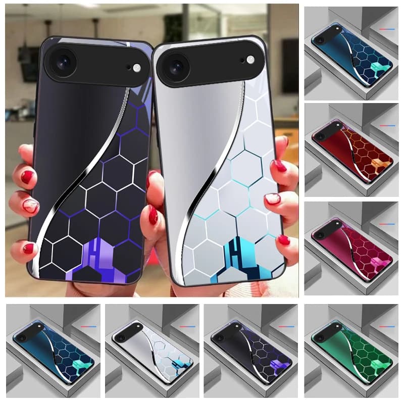 Cover per iPhone in vetro nero con motivo a nido d'ape viola per iPhone 11 Pro, 12, 13 mini, 14, 15 Pro Max, 16, 17 Air, XS Max, XR, 8, 7 Plus, SE, 5, 6