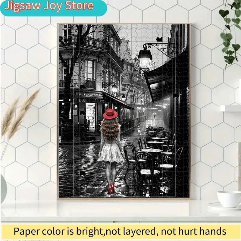 Puzzle con immagini di strade, edifici, lampioni, tavoli e sedie, donne, cappelli, scena piovosa - 500 pezzi/1000 pezzi per - Gioco interattivo per la famiglia