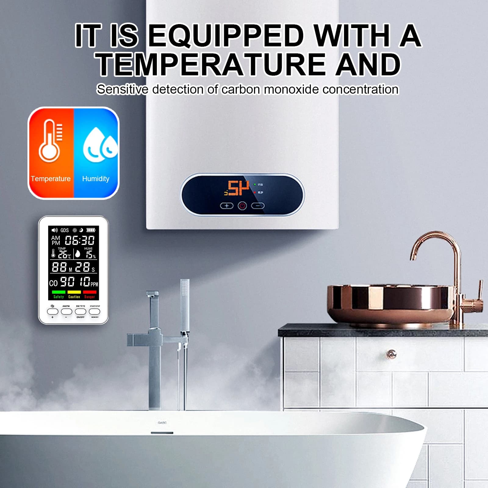 Rilevatore di Monossido di Carbonio 5-in-1 da Parete con Display di Temperatura e Umidità per Casa, Camera da Letto, Cucina, Camper