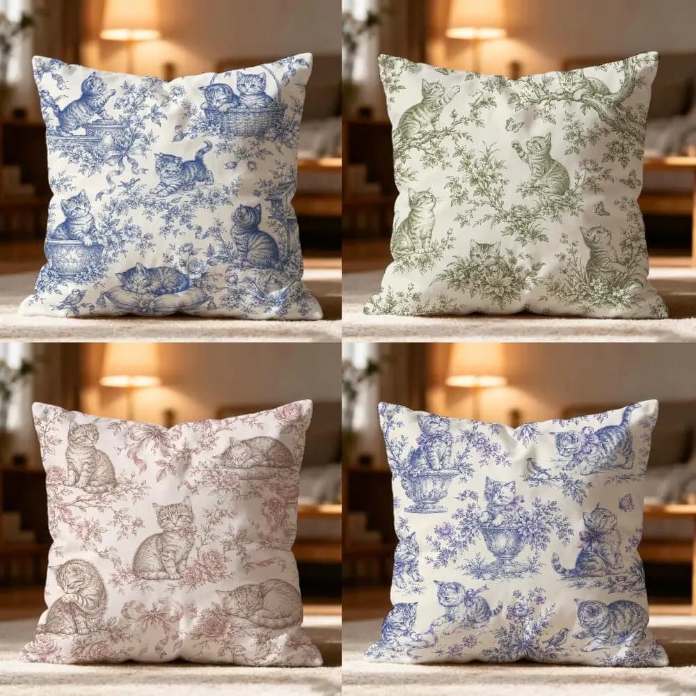 Porcelain Cat Cute Cushion Cover Cushion Cover Soft Washable Pillow Case Multi-Scene For Couch Bed Travel Office Use