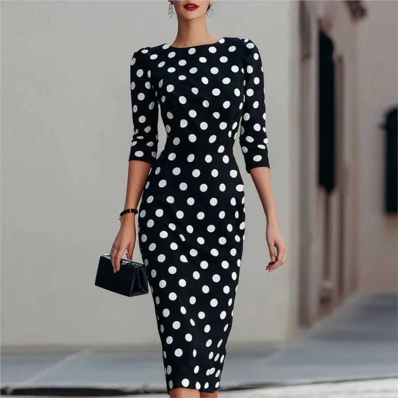 Women's Solid Polka Dot Three Quarter Sleeve Pencil Midi Dress Fashion Slim Fit Elegant 2026 Spring Summer Office Party Outfit