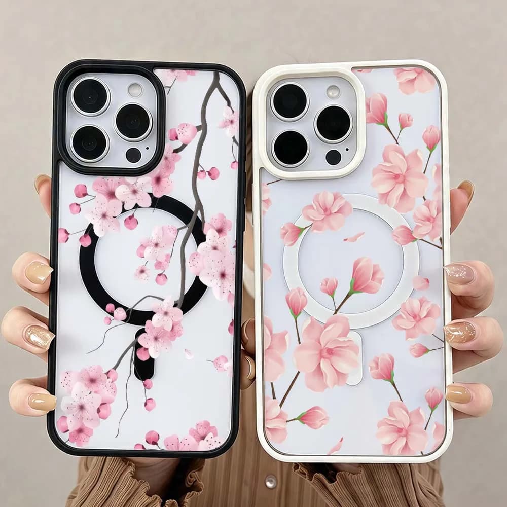 Pink Cherry Blossom Pattern Phone Case For iPhone 17 Air 16 15 14 13 12 11 Pro Max Plus Wireless Charge Magnetic Magsafe Cover