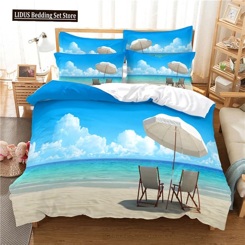 Sea Landscape Beach Chair Cloud Duvet Cover Set King Queen Size Comforter Cover For Teens Polyester Bedding Set With Pillowcase