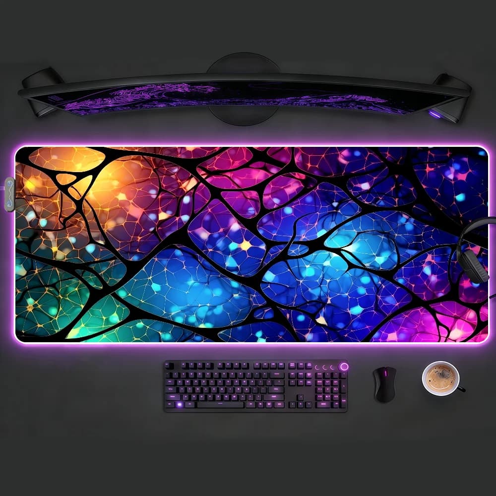 Mouse Tech Style Neon RGB LED Anti-slip Mat, Rubber Desk Mat, Gaming Accessories, Large XXL, Office and Computer Keyboard Mat