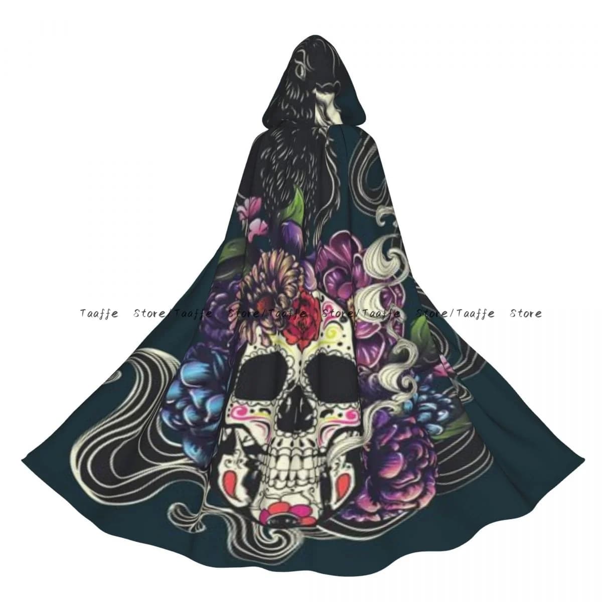 Adult Day Of The Dead Floral Sugar Skull Cloak Cape Hooded Medieval Costume Witch Wicca Vampire Halloween Costume Dress Coat