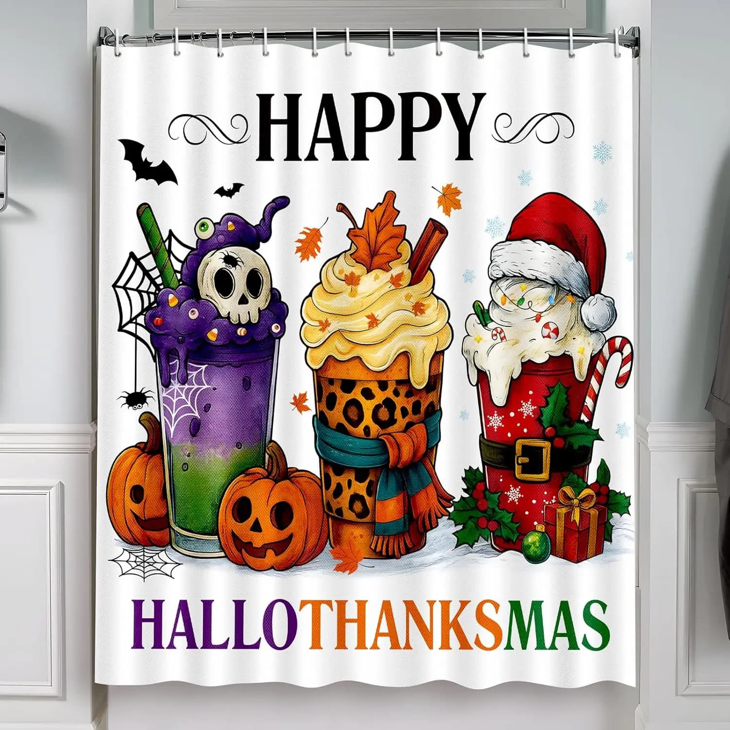 Tenda da doccia di Halloween per tazze da bagno Hallothanksmas Autunno Autunno Ringraziamento Natale con 12 ganci Decorazione da 72 x 72 pollici