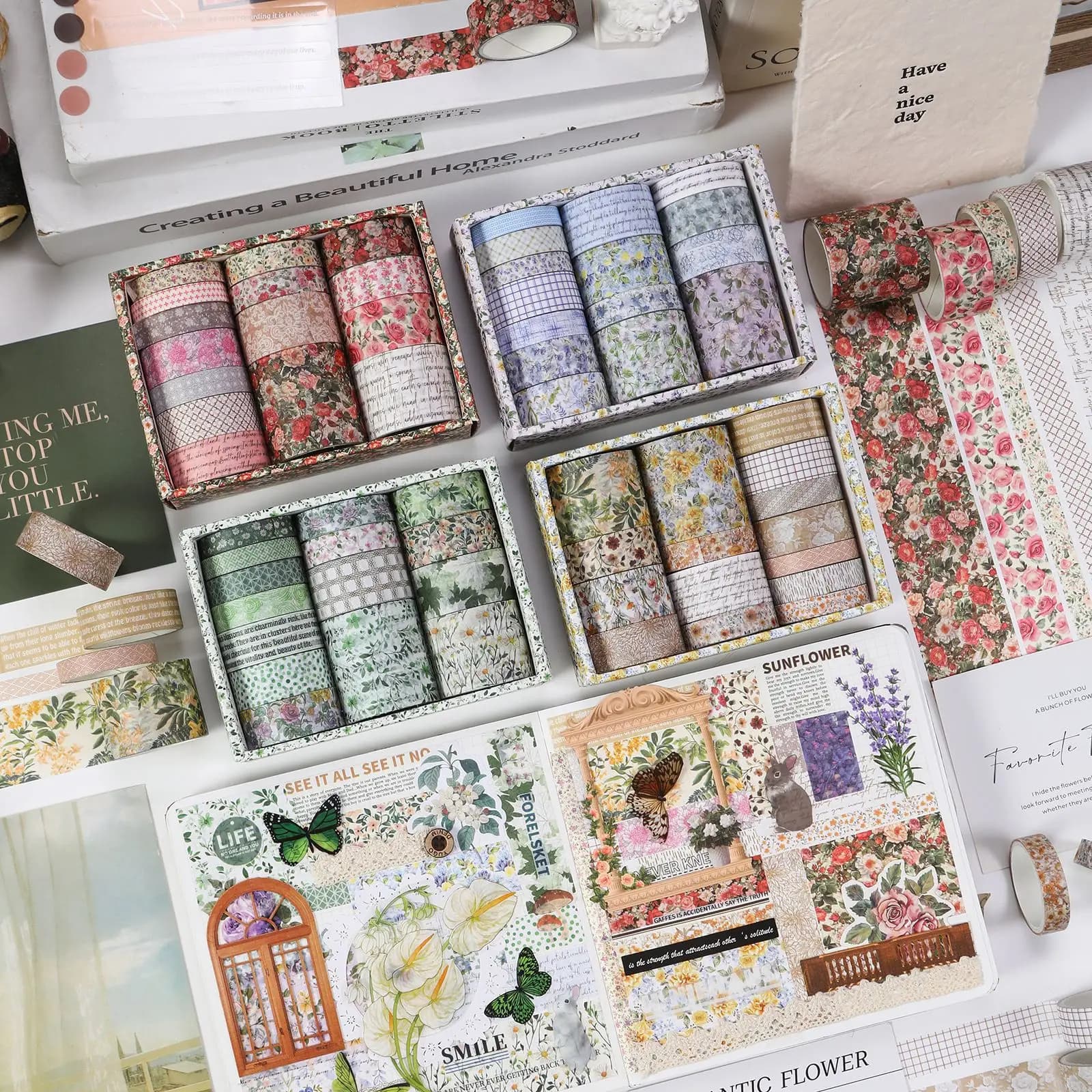 Huaxin Series Washi Tape Set Botanical Journaling Supplies Decorative Stickers Paper Tape for DIY Scrapbooking Craft Kit