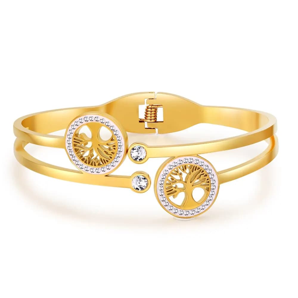 Bracciale Aperto Lusso in Acciaio Inossidabile Albero della Vita per Donna Uomo, Color Oro con Zirconi Cubici, Non Sbiadisce, Gioiello Portafortuna
