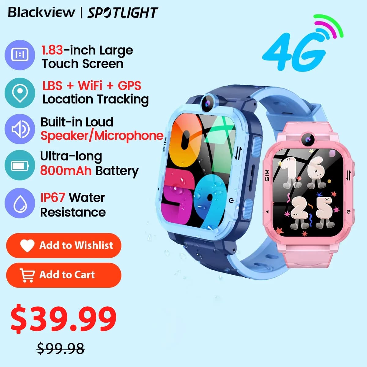 Blackview Z20 Smartwatch per bambini IP67 impermeabile, chiamate di emergenza 4G SOS, monitor, GPS + LBS + WIFI Localizzazione orologio da telefono