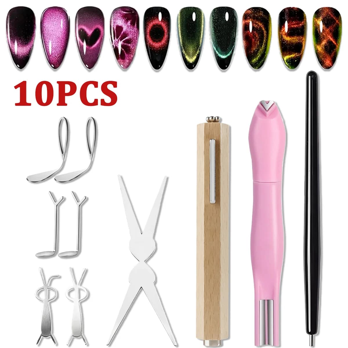 10pcs Cat Eye Nail Magnet Set, Multi Shape Magnetic Tools & Magnet Pen for Gel Polish Nail Art, DIY Manicure Accessories