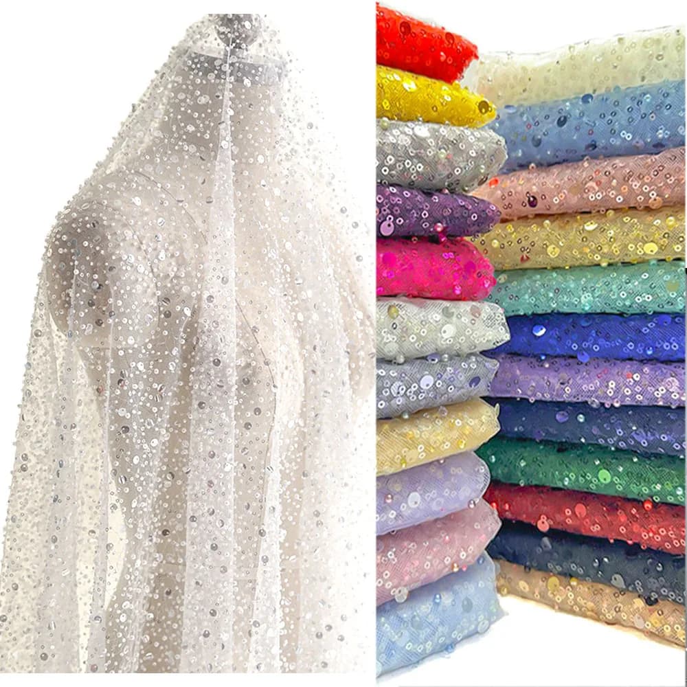 Tessuto di pizzo a rete con paillettes stile francese, perline di perle, tulle artigianale pesante, rete morbida per cucire abiti di lusso da donna, taglio finale
