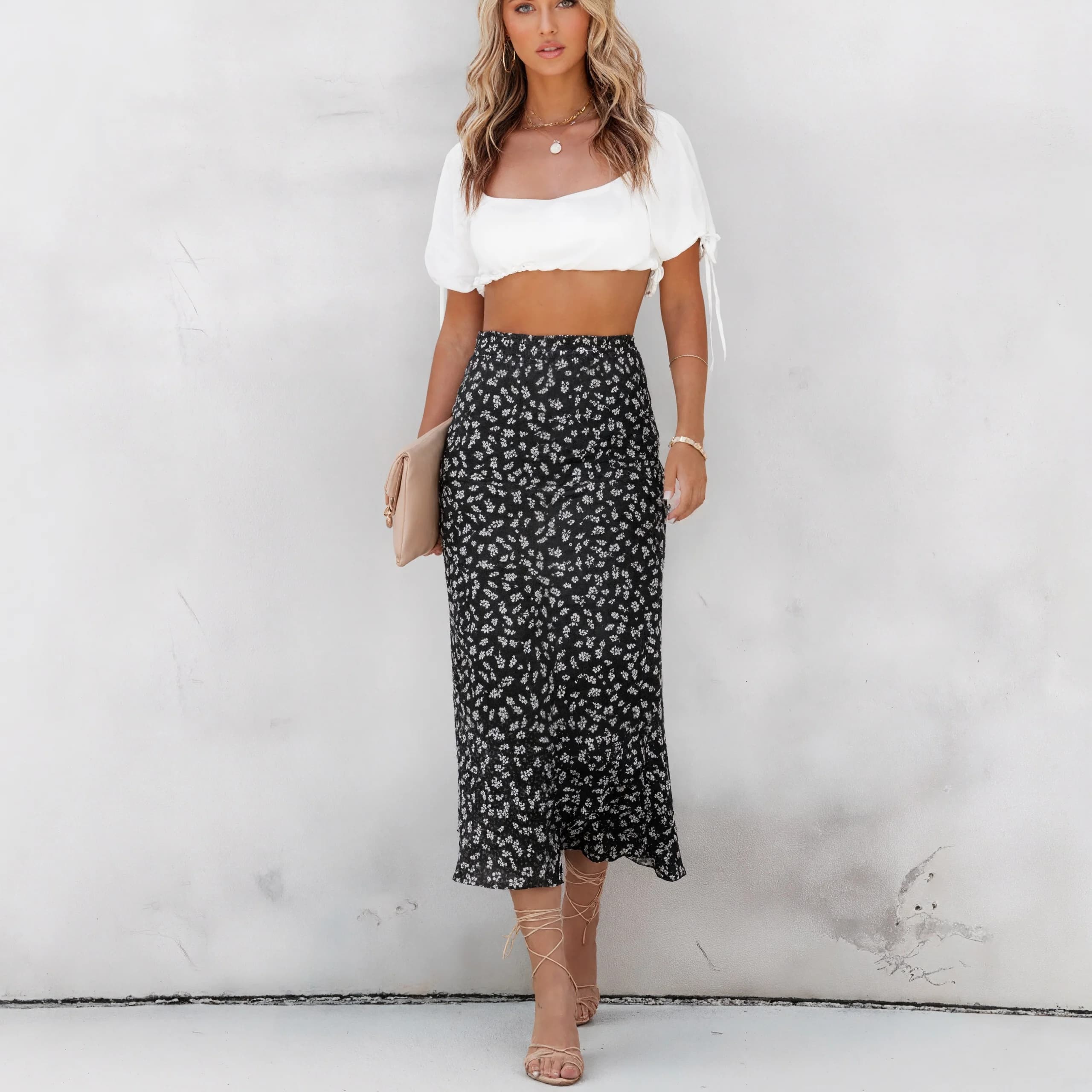 Women Midi Skirt Vintage Elegant A-Line Skirt Sleeveless Mesh Double Layer Floral Ruffle Beach Vacation Summer