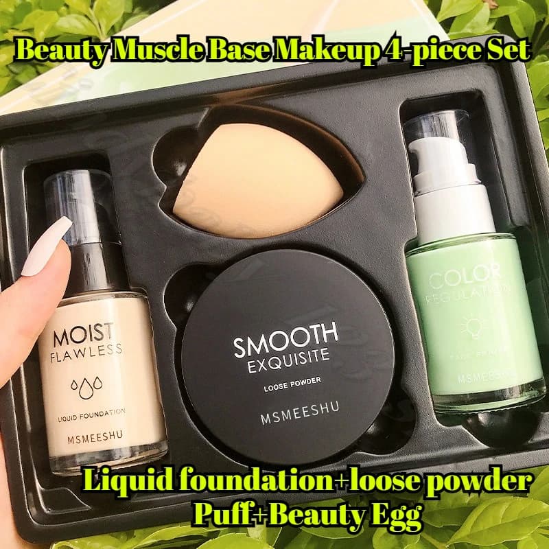 Beauty Muscle Base Makeup Set da 4 pezzi Box Fondotinta liquido + sciolto + soffio di polvere + Beauty Egg Makeup Noodles Dressing Trasparente