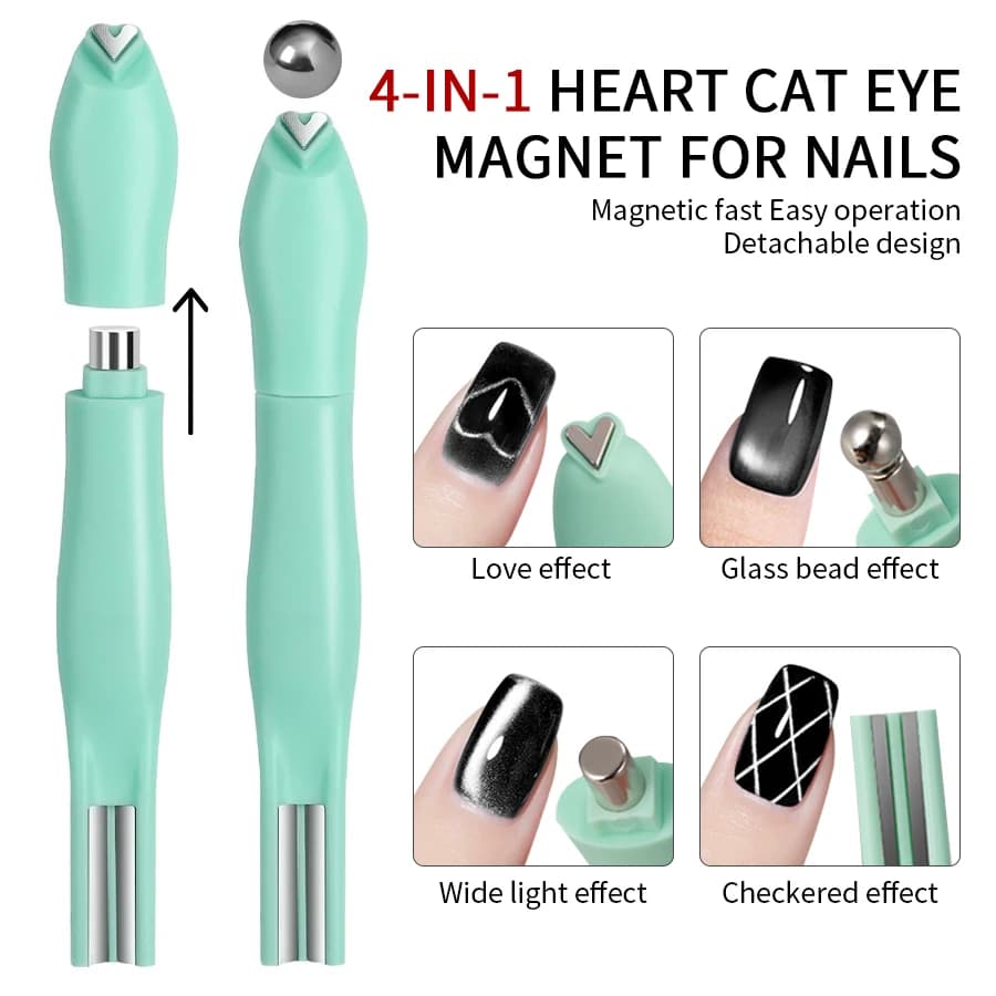 RSNAIL 4 in 1 Magnete per unghie Cat Eye 3D Love Heart Magnete per unghie Strumento Verde Bastone magnetico per unghie multifunzionale per lucidatura gel fai da te