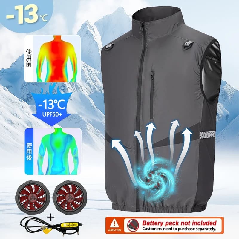 Gilet rinfrescante estivo con ventilatore per il raffreddamento e l'aria condizionata. Abbigliamento da uomo per protezione dal calore e raffreddamento all'aperto. Impermeabile f