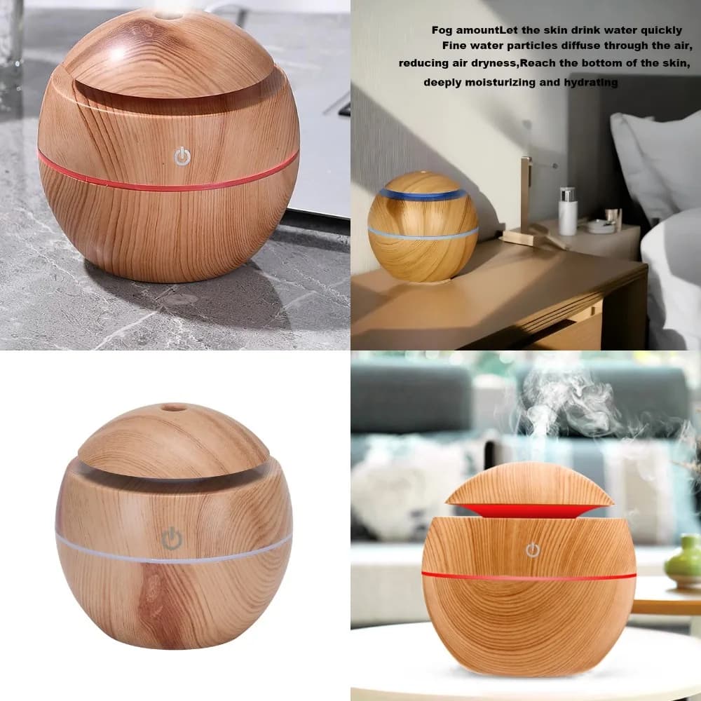 YAIAWISU Umidificatore LED a venature del legno e diffusore di oli essenziali, alimentato tramite USB, luce notturna a 7 colori, spegnimento automatico silenzioso, alcool-F