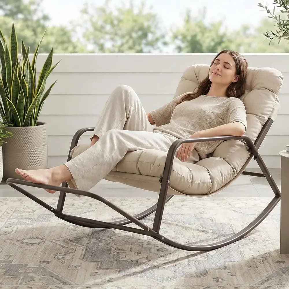 Indoor/Outdoor Reclining Lounge Chair with Footrest, Cushion, 400lbs Capacity, Beige
