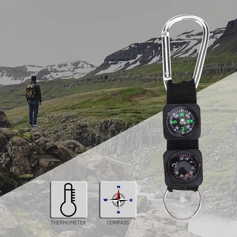 3 in 1 Keychain Compass Thermometer Carabiner Ring Multifunction Camping Survival Tools Key Ring Black for Mountaineering Hiking