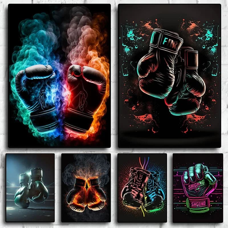 Neon Boxing Gloves Removable Canvas Poster Aesthetics Room Wall Cartoon Decoration Bar Living Boxing Gym Picture