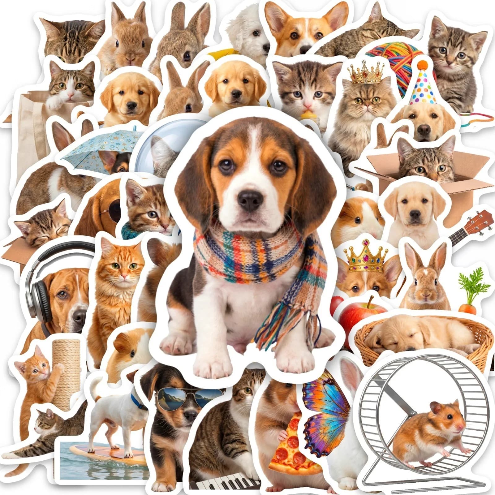Set di 50 adesivi con simpatici animali, tra cui gatti, cani, conigli, ricci e criceti, decorazioni adesive per valigie e quaderni