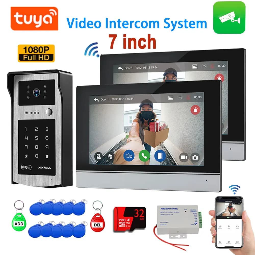 Videocitofono WiFi Tuya a 4 Fili con Schermo Touch da 7 Pollici, Telecamera 1080P, Sistema Intercom 1V1 / 1V2, Sblocco con Password / APP