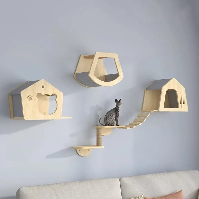tt Tipo da parete in legno massello Tiragraffi per gatti Gioco Struttura da arrampicata Piattaforma antigraffio Torre Soffitto Condo Albero Gatti Prodotti per animali domestici