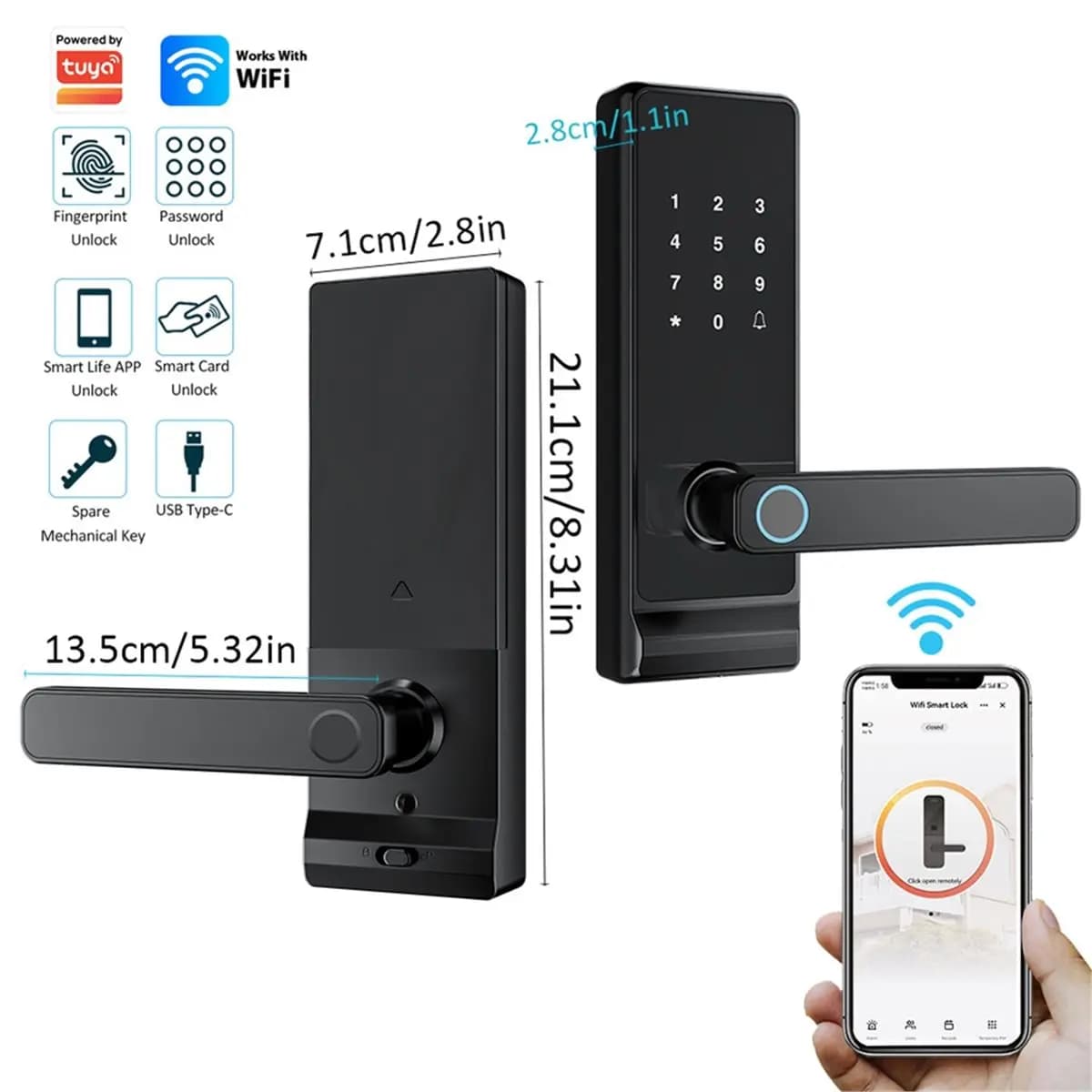 HAPPYDAY~ Indoor Password Fingerprint Remote Unlock Keycard Tamper Alarm Battery Powered Tuya Smart Door Lock