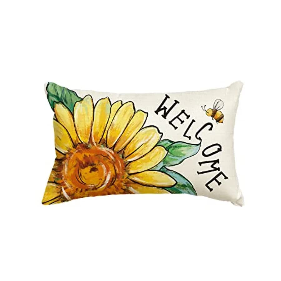 Sunflower Bee Welcome Summer Throw Pillow Cover, 12 x 20 Inch Yellow Cushion Case Decoration for Sofa Couch