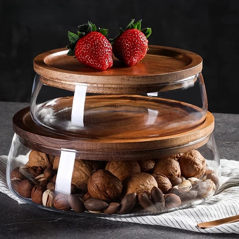 Set di 2 barattoli in vetro con coperchi in legno – Contenitori ermetici multiuso per conservazione alimenti, servizio e esposizione su piano di lavoro
