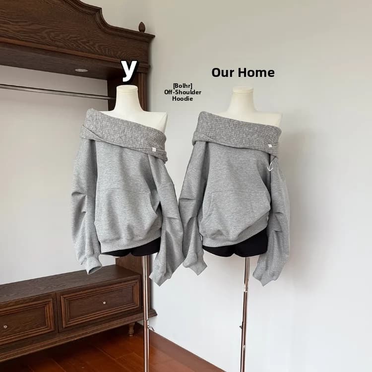 Laid-back Style Casual Loose Overhead Hoodie Women Early Autumn Shoulder-baring Elegant Top Two-Way Wear Diagonal Shoulder