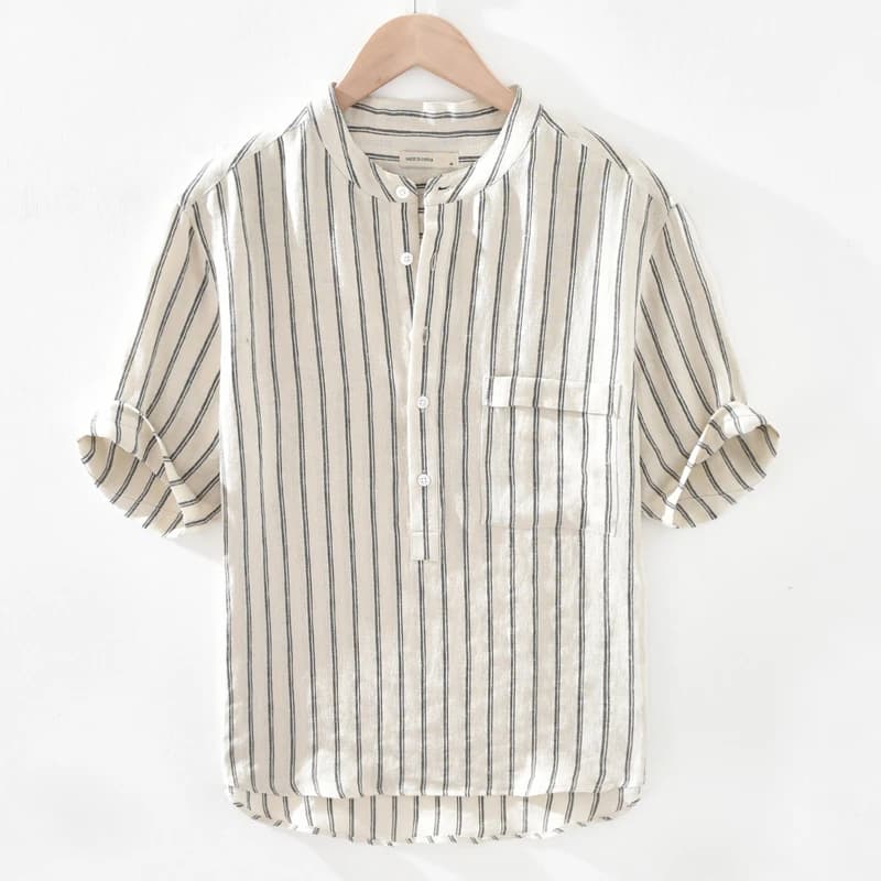 Loose Fit Linen Shirt Men's Short Sleeve Thin Stripe Pattern Stand Collar Summer Lightweight Half Sleeve Top for Men
