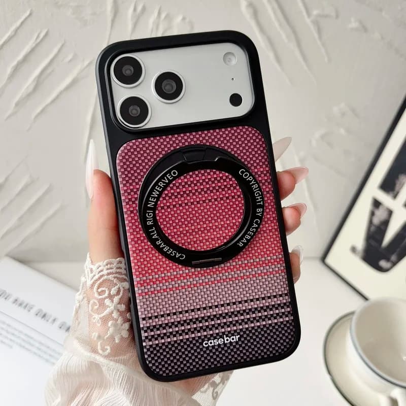 360°Rotating Magnetic Bracket Phone Case For iPhone 17 16 15 Pro Max 17Pro Shockproof Carbon Fiber Pattern Leather Texture Cover