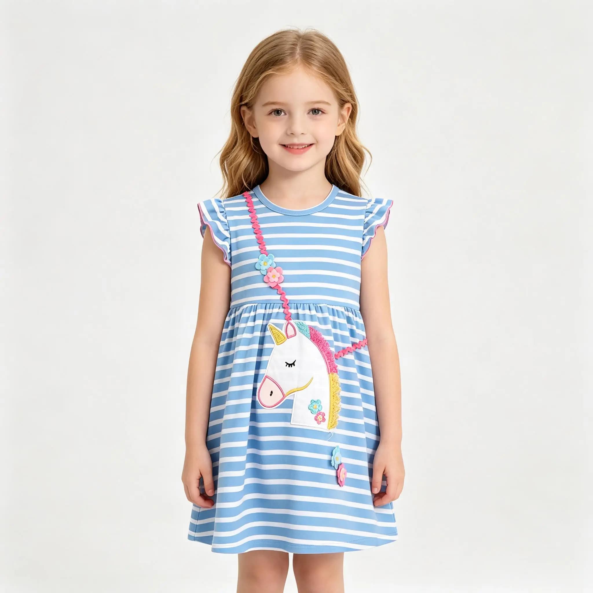 Abito casual con volant per ragazze, grazioso abito in cotone a righe bianche e blu con applicazioni di unicorno, per bambini da 2 a 8 anni