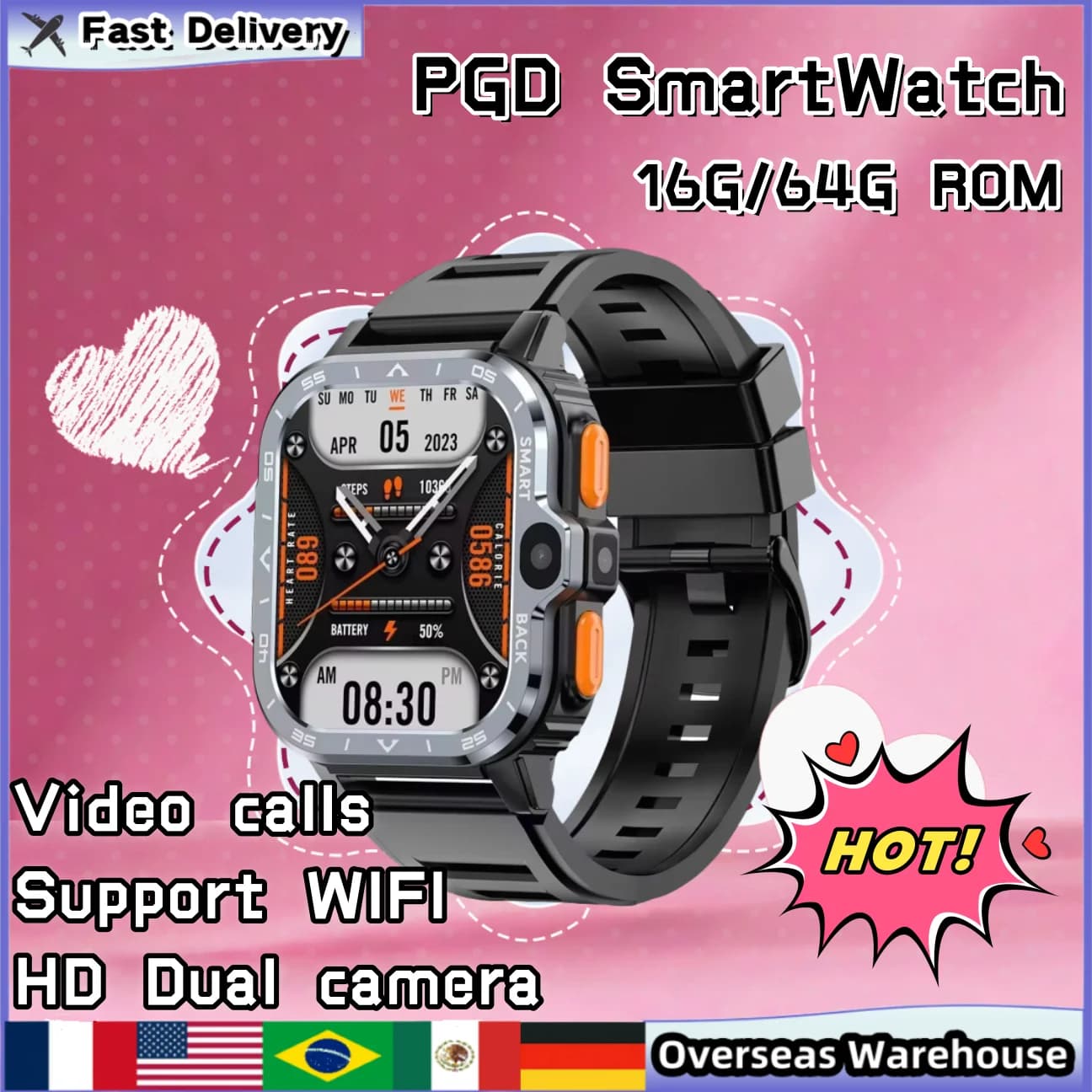 PGD SmartWatch 4G LTE Android Smart Watch GPS SIM Card Wifi NFC Doppia fotocamera Robusta archiviazione Google Play Frequenza cardiaca Uomo Donna Regalo