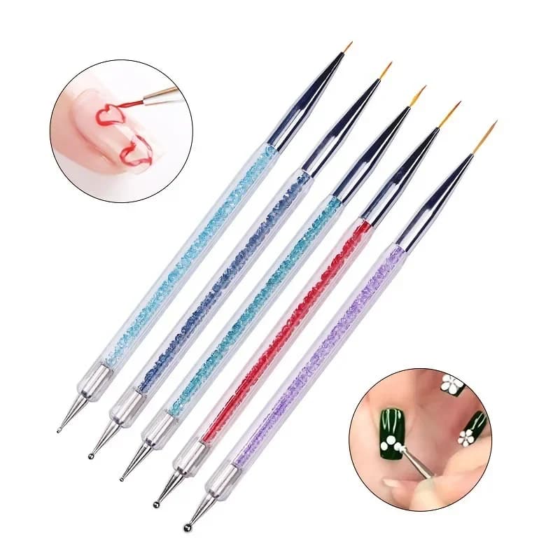 5 pz/set 2 In 1 Dual-End Nail Art Liner Pennelli Con Manico In Cristallo Professionale Gel UV Punteggiatura Pittura Disegno Penna Strumenti FAI DA TE