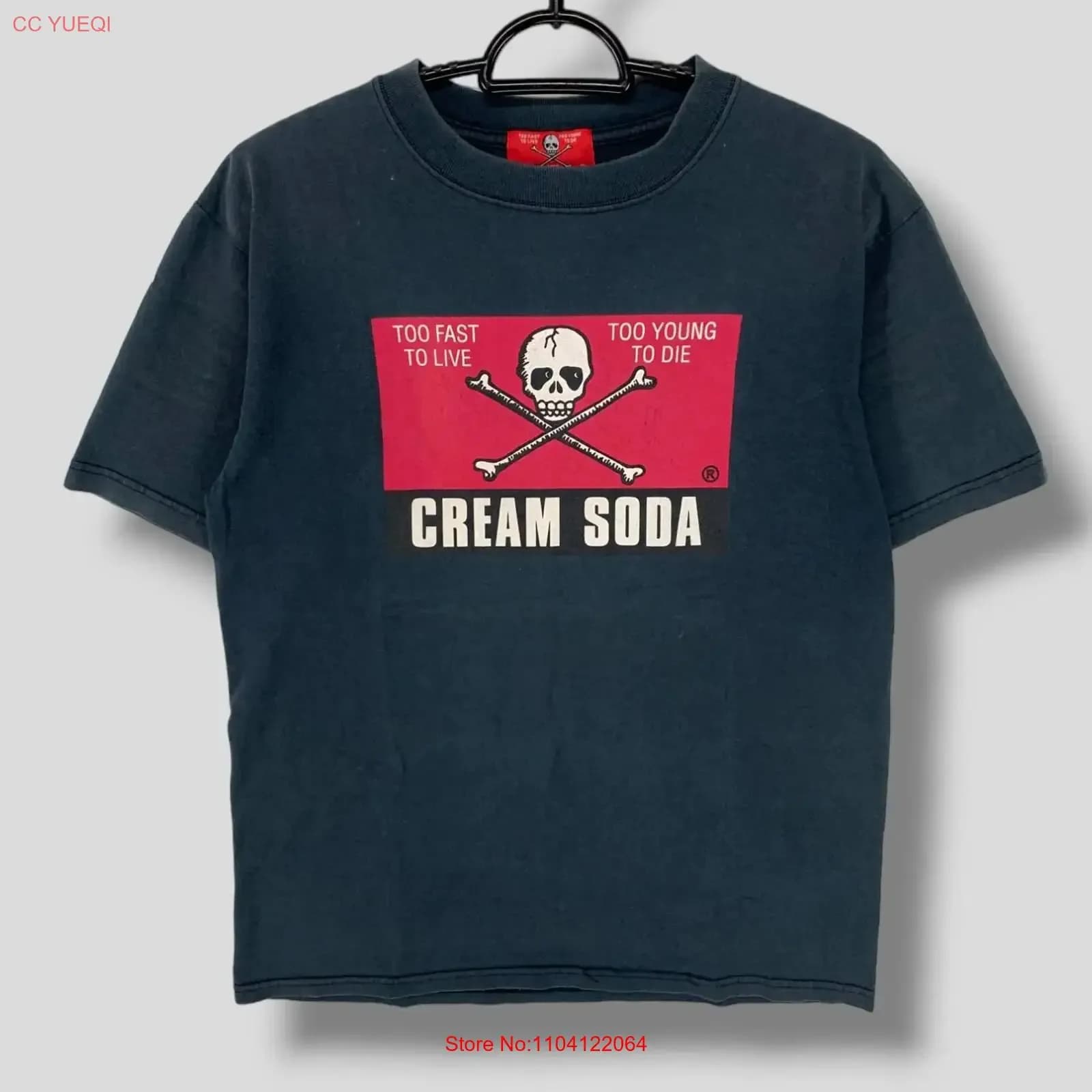 Maglietta Vintage Cream Soda Too Fast To Live Young Die Skull, design giapponese, stile punk casual, streetwear, doppio lato