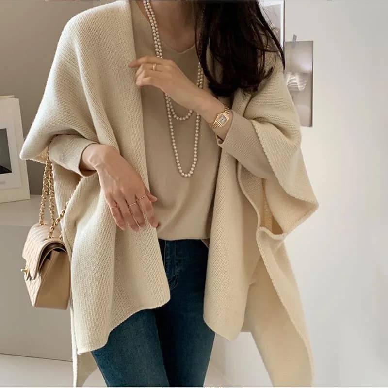 Autumn Winter New Elegant Fashion Solid Knit Cardigan Women Clothing Casual Loose Cloak Long Sleeve Sweaters Office Lady Tops