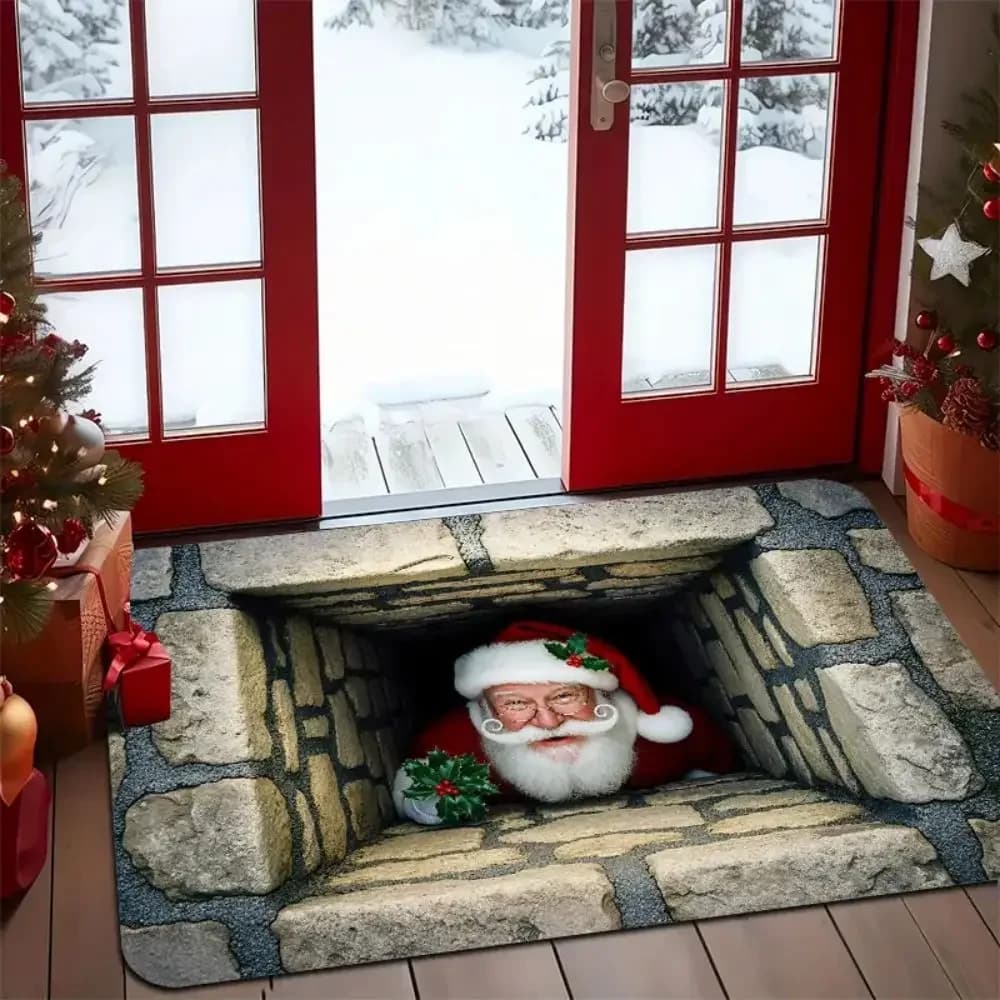 VIKAMA 3D Visual Babbo Natale Tappeto Morbido antiscivolo Zerbino decorativo natalizio Tappetino per ingresso per interni/esterni Decorazioni per la casa