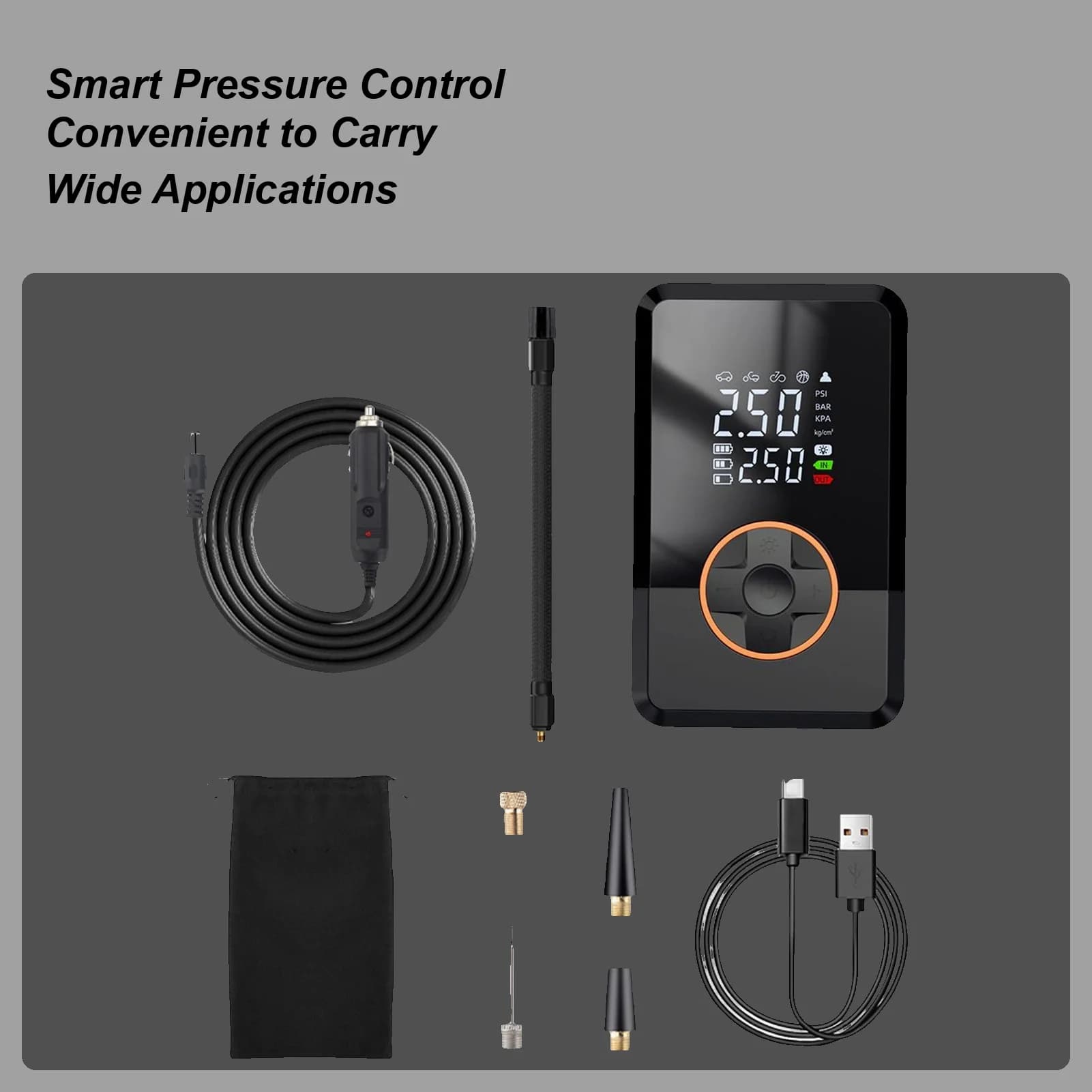 Compressore d'aria portatile 130 PSI Gonfiatore per pneumatici con compressore d'aria intelligente a LED per palla a palloncino per esterni per auto, bici, camion, strada
