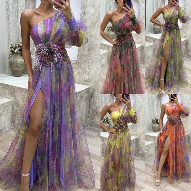 2026 New fashionable evening dress printed high waist retro women's long dress in net with single shoulder folded banqueting dress