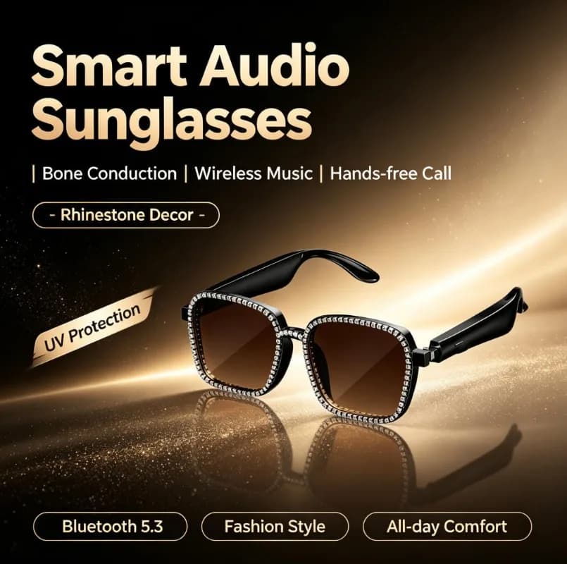 Rhinestone Smart Audio Sunglasses Bone Conduction Bluetooth 5.3 UV Protection Wireless Music Hands‑free Call Comfort Eyewear