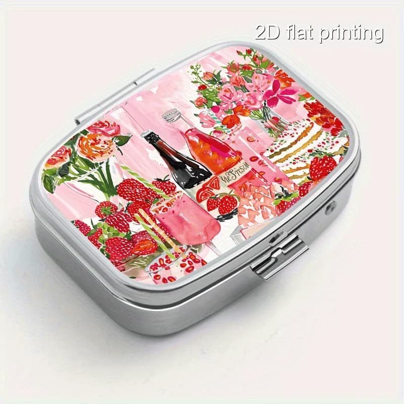 Strawberry Feast Printed Pattern Square Pill Box, Double-Compartment Metal Box, Mini Portable Pill Case, Suitable for Travel and Outdoor Activities, Can Be Placed in Your Pocket or Wallet.